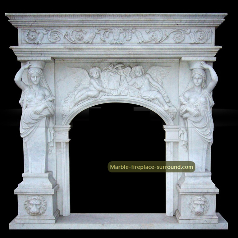 arched caryatid fireplace mantel with angel statues