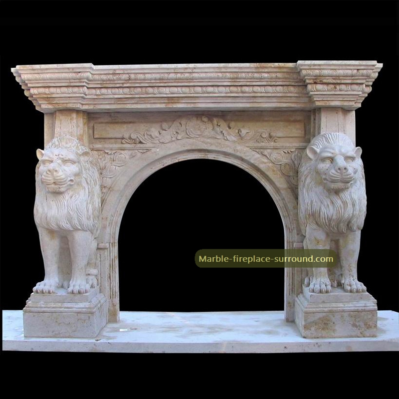 travertine lion statues columns chimneypiece